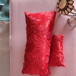 Red Jaquered Jewelry Bracelet Pillow With Bonus Ring Pillow